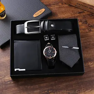 New Watch gift set boutique belt+wallet+tie+large dial quartz watch+cufflinks tie color random(5pcs/set)