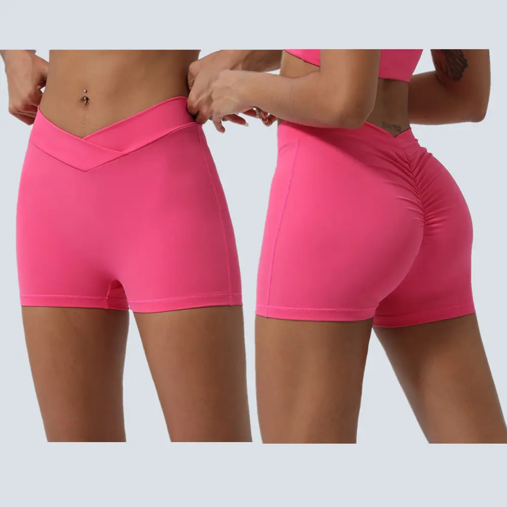 Set celana pendek Spandex nilon untuk Yoga & senam musim panas set kebugaran bokong dengan Kerut warna polos silang V seksi