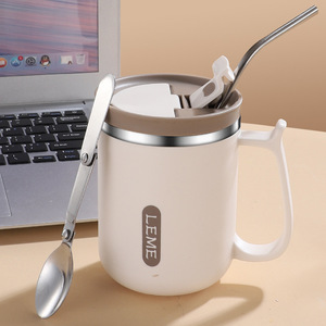 Gobelet isotherme en acier inoxydable Leme 500 ml, tasse à café de bureau avec couvercle et paille pour usage extérieur - Product Image 3