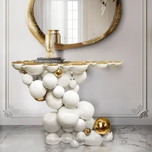 custom itailan design modern luxury stainless steel metal white and gold console table with mirror entryway