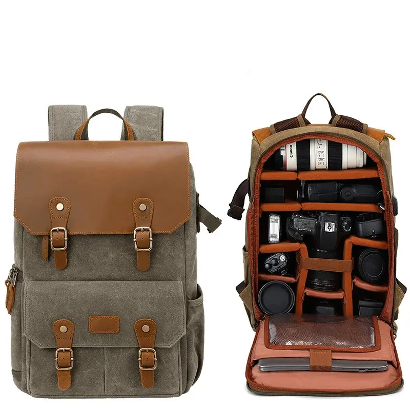 Logotipo personalizado vintage elegante couro genuíno homens outdoor viagem ombro mochilas câmera interna caso câmera saco