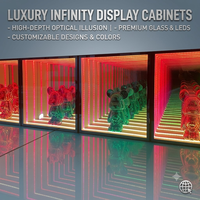 Vitrine d'exposition intelligente Art Déco personnalisée avec miroir infini, éclairage LED RGBW, cadre en acrylique écologique pour bijouterie et exposition