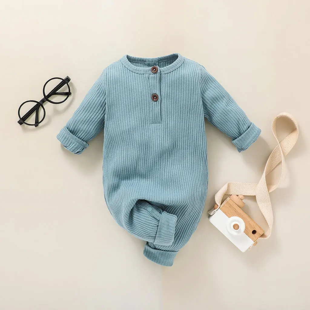 Kwaliteit Unisex Pasgeboren Kruipen Pak Kinderkleding Lange Mouw Ribbels Effen Kleur Jongen Rompertjes Neutrale Babykleertjes