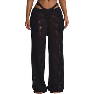 Pantalones de ganchillo para mujer, calzoncillos de playa de pierna ancha con diseño hueco, estilo bohemio para vacaciones, cubrebañadores con cintura elástica, 100% algodón, ajuste holgado - Product Image 1
