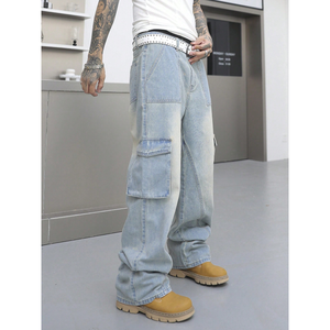 <span class=keywords><strong>Pantaloni</strong></span> Cargo in Denim Ecologico Lavato Azzurro per <span class=keywords><strong>Uomo</strong></span>, Personalizzabili, <span class=keywords><strong>con</strong></span> Grandi Tasche <span class=keywords><strong>Laterali</strong></span>, Stile Casual Invernale da Strada - Product Image 5