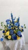 W-D042 Composition florale artificielle pour sol, arrangement floral de mariage, fleur artificielle citron jaune et bleue