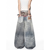Jean déchiré coupe bootcut ample imprimé léopard en nylon/coton, style américain, pour femmes et hommes, idéal pour l'été
