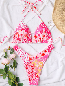 ชุดว่ายน้ำ2ชิ้นลายดอกไม้สำหรับผู้หญิงชุดบิกินี่ทรงสามเหลี่ยมตัดสูงชุดว่ายน้ำชุดว่ายน้ำ2025โลโก้ตามสั่งสีชมพู - Product Image 5