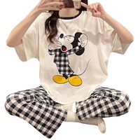 Conjunto de Pijama de Seda de Leche para Mujer, Estilo Coreano, Transpirable, Cuello Redondo, Largo, Holgado, Talla Grande, con Dibujos Animados