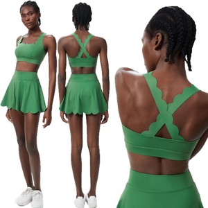 Yeni moda özel Logo yaz çıplak tenis giyim 2 parça Set Padel Pickleball çapraz geri sutyen Flare etek seti ile cep - Product Image 6