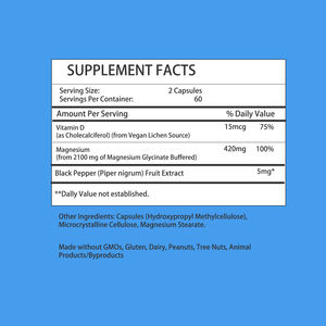 Cápsulas de Glicinato de Magnesio de 420 mg Fáciles de Absorber con Vitamina D3 para la Salud Muscular y el Apoyo Digestivo, Suplemento de Magnesio - Product Image 2