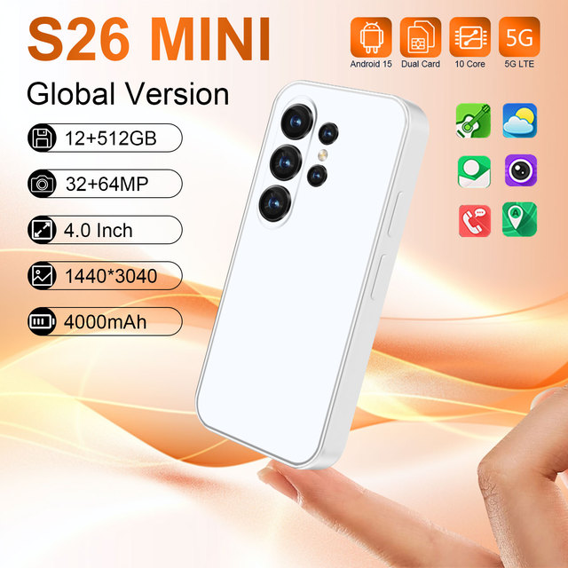 Compact 4-inch S26Mini 5G Phone 12GB+512GB Deca Core Android 15, Multilingual for Daily Communication