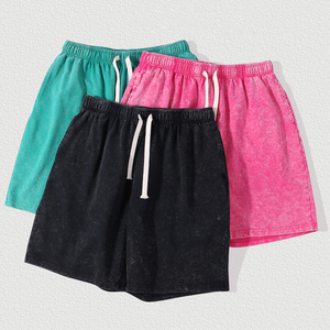 Short de sport pour homme 300 g/m² avec cordon de serrage délavé à l'acide uni vintage en coton éponge français - Product Image 1