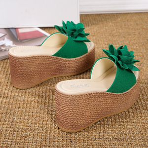 2025 Korean Version One Line Dragging Sponge Cake Slope Heel Thick Bottom Cool Dragging Bohemian Flower <b>slippers</b> - Product Image 5