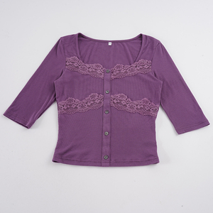 Women's Ribbed Lace Trim Square Neck Button Up Knit Top Slim Fit Half Sleeve Casual <b>Y2K</b> T <b>Shirt</b> - Product Image 6