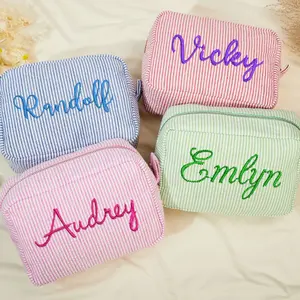 Personalized Seersucker Cosmetic Bag Custom Makeup Bag Monogrammed Travel Toiletry Bag Bridesmaid Gifts for Her DOM107