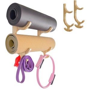 Support mural pour tapis de yoga en bois, 3 niveaux, robuste, finition hêtre, organiseur de rangement pour salle de sport à domicile - Product Image 2