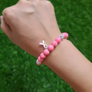 BR0502 Custom Polymer Clay Heishi Disc Beaded Bracelet with charm Stone Beads Beaded Breast Cancer Awareness Bracelet