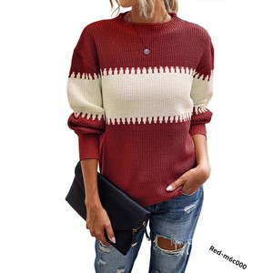 Pull-over rayé personnalisé pour femmes de style coréen à blocs de couleurs avec manches lanterne Mode hivernale Tricot Tissage Logo sur le devant - Product Image 1