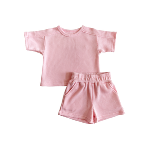 Vêtements d'été pour bébé OEM, ensemble décontracté pour garçon en 2 pièces, t-<span class=keywords><strong>shirt</strong></span> à manches courtes en tricot gaufré et short <span class=keywords><strong>de</strong></span> sport - Product Image 3