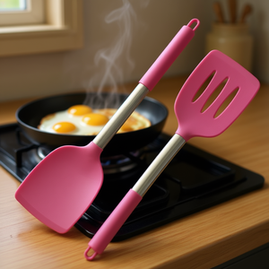 Ensemble de spatules en silicone rose solide, résistantes à la chaleur, ustensiles de cuisine pour la cuisson du poisson, des œufs, des crêpes, lot de 2 - Product Image 2