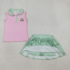 Ensemble de Vêtements d'Été Décontractés 2 Pièces pour Bébé Fille et Garçon : Haut Brodé Voiturette de Golf + Jupe-Short Écossais Vert - Product Image 3