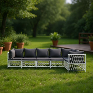 Ensemble de salon de jardin en tissu tissé blanc, acier thermolaqué, textilène, 6 places, mobilier d'extérieur, design contemporain - Product Image 2