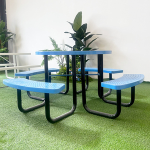Mesas de jardín comerciales de acero con revestimiento termoplástico para exteriores, banco para <span class=keywords><strong>Patio</strong></span>, sombrilla, mesa de Picnic con agujeros - Product Image 4