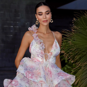 Abito Estivo da Donna Popolare, Elegante e Dolce, con Stampa, Schiena Scoperta e Allacciatura, Gonna Corta a Strati - Product Image 1