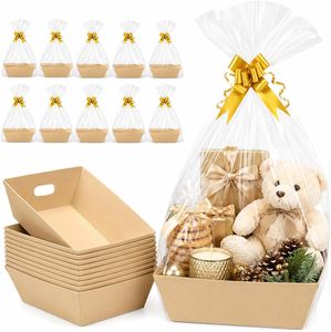Wholesale Eco Friendly Gift <strong>Basket</strong> Packaging <strong>Kit</strong> Factory Custom Logo Brown Kraft Tray with Clear Bag Gold Bow - Product Image 1