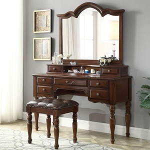 Mesa de Maquillaje Vintage de <span class=keywords><strong>Madera</strong></span> Maciza de Roble Marrón con Tapa de Cristal y <span class=keywords><strong>Taburete</strong></span> para Apartamento, Hotel o Dormitorio - Product Image 3