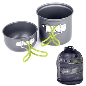 1~2 Person Outdoor Backpacking Picnic Usage 3pcs Cooking Bowl Non Stick Pot Mess Bag Camping Cookware Kit