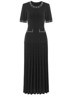 Ventes en gros de vêtements pour femmes, robe décontractée à manches courtes, robe de luxe en perles, robe élégante en tricot noir de haute qualité, robe midi