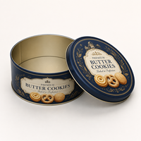 Boîte à biscuits ronde personnalisée avec logo imprimé, fabricant OEM, finition mate bleu marine et intérieur doré, emballage métallique de qualité alimentaire