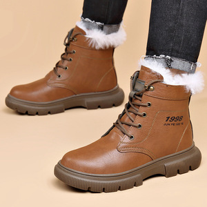 Bottes d'hiver pour hommes, semelle épaisse, doublure en laine chaude, résistantes au froid, talon moyen, lacets avant, couleur unie - Product Image 3