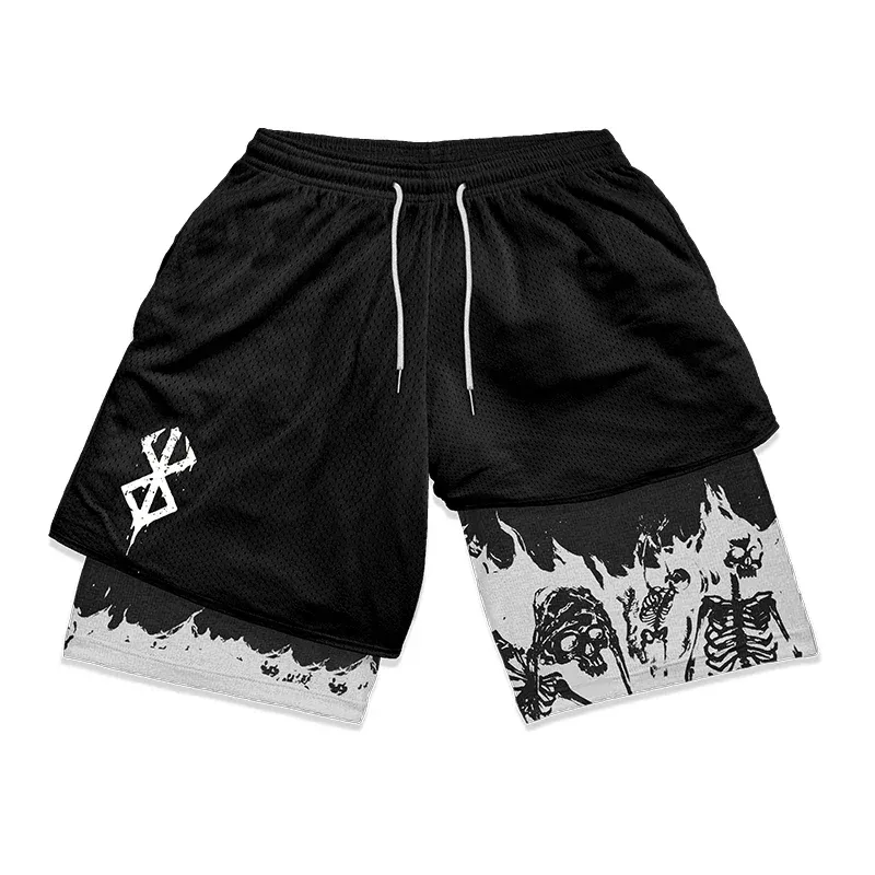 Shorts de ginástica para homens Ativo Calções De Compressão Atlético Anime Berserk 2 em 1 5 Polegada Casual 100% Poliéster Calções De Fitness Impresso