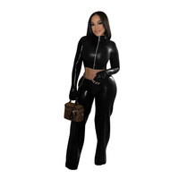 Ensemble 2 pièces en cuir PU imprimé serpent pour femme, haut court à col montant sexy et pantalon crayon avec gants, tenues grandes tailles