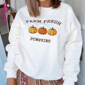 Cara-amante all'ingrosso bianco fattoria zucche fresche ricamate grafica festa del ringraziamento <span class=keywords><strong>felpa</strong></span> da donna - Product Image 2