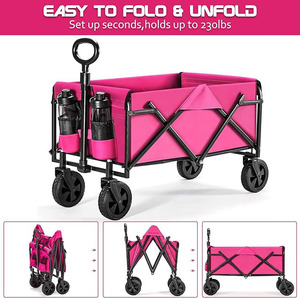 折りたたみ式ホイール付きワゴンカート-折りたたみ式ユーティリティワゴンヘビーデューティー、アウトドアキャンプ用全地形対応ホイール、ピンク - Product Image 2