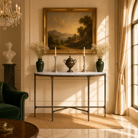 Table console Demilune de luxe en marbre et pieds en métal massif forgés à la main, idéale pour villas et hôtels haut de gamme (vente en gros)