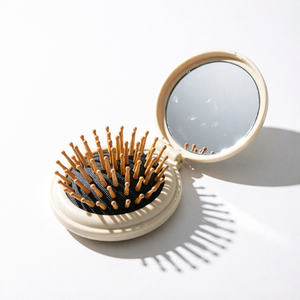 Folding Round Hairbrush With Mirror Compact For Daily Use - Product Image 1