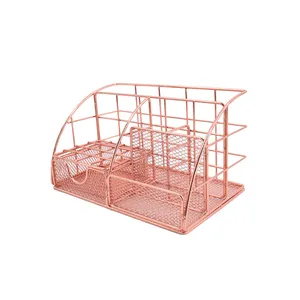 Rose Gold Desk Organizer W/Pen Potlood Houder-Metal Mesh Desktop Bestand Papier Office Organizer Voor Kantoorbenodigdheden & Accessoires