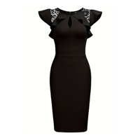 Élégante Robe Midi Bodycon pour Femme, Col en V, Manches Courtes à Volants, Patchwork Dentelle, Parfaite pour l'Été et les Soirées Habillées