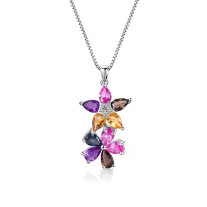 A3546 Abiding Fine Jewelry Custom Natural Colorful Multi Gemstone Flower Shaped 925 Sterling Silver Pendant Necklace