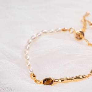 Gold-Plated Tiger Eye Stone & <b>Freshwater</b> <b>Pearl</b> <b>Bracelet</b> Irregular Texture Adjustable Chain <b>Bracelet</b> Fashion Luxury Jewelry - Product Image 3