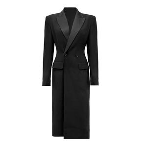 Vêtements pour femmes, blazer long pour femmes, élégant, col en V, manteau long noir avec fermeture à double boutonnage et ourlet évasé - Product Image 2