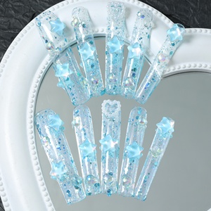 Faux ongles à presser faits main, longs, forme cercueil, couvrance totale, motif étoile et papillon, en acrylique de luxe, prix usine, vente en gros - Product Image 3