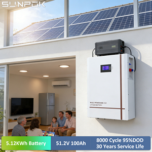 Batería de Iones de Litio SUNPOK <span class=keywords><strong>Powerwall</strong></span> 51.2V 10Kwh, Celdas de Batería de Litio de 100Ah, Batería LFP Lifepo4 de 48V 200Ah para Almacenamiento Solar - Product Image 1