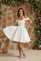 Gaun Pengantin Satin Model Ball Gown Off Shoulder dengan Ruched Bust Corset, Gaun Pengantin Custom Warna Ivory Satin