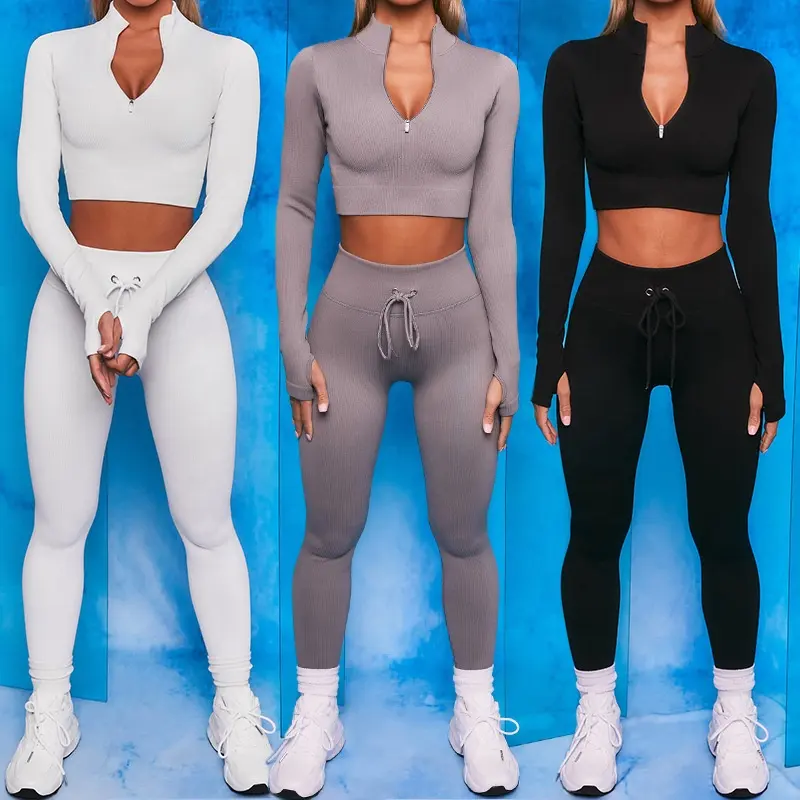 Apparel Women Leggings Custom Women 2 Piece Set Gym Wear Apparel Long Sleeve Crop Top Leggings Push Up High Waist Seamless Sexy Leggings Yoga Sets